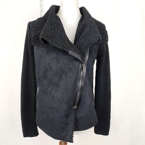 Style and Co Black Zip Front Moto Cardigan Sweater Jacket Faux Sherpa Womens PM - Picture 1 of 7
